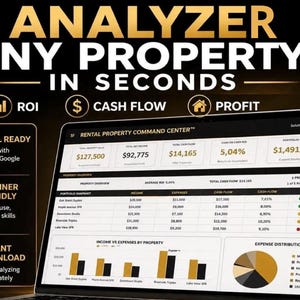 May include: A laptop screen displays financial data analysis with the text "ANALYZER ANY PROPERTY IN SECONDS." The interface shows ROI, cash flow, and profit metrics. Features include Excel compatibility, beginner-friendly design, and instant download.