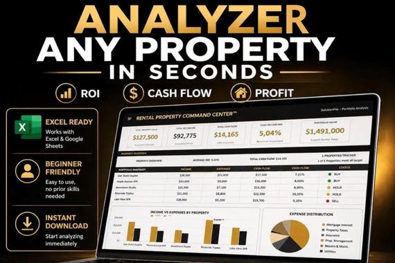 Real Estate Investment Excel, Rental Property ROI Calculator, Cash Flow Analysis Spreadsheet for Investors