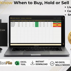 May include: A laptop displaying a spreadsheet with financial data, next to a black coffee cup, a pen, and a Quick Start Guide. The text on the screen reads "Know When to Buy, Hold or Sell". The image also includes the SolutionFile logo.