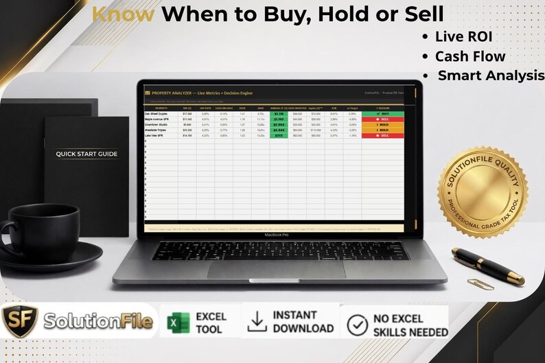 May include: A laptop displaying a spreadsheet with financial data, next to a black coffee cup, a pen, and a Quick Start Guide. The text on the screen reads "Know When to Buy, Hold or Sell". The image also includes the SolutionFile logo.