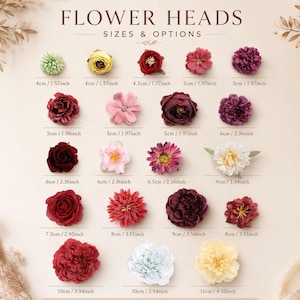 Puede incluir: Una colecci&oacute;n de cabezas de flores artificiales en varios colores y tama&ntilde;os, etiquetada como FLOWER HEADS SIZES & OPTIONS. Cada flor se muestra con su di&aacute;metro espec&iacute;fico en cent&iacute;metros y pulgadas, que van desde los 4 cm hasta los 11 cm.