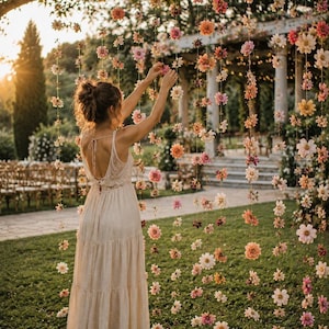 May include: A floor-length cream-colored lace dress with thin straps and a tiered skirt, positioned in front of multiple vertical strings of hanging pink, orange, and white flowers that create a decorative floral curtain backdrop.
