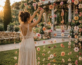 May include: A floor-length cream-colored lace dress with thin straps and a tiered skirt, positioned in front of multiple vertical strings of hanging pink, orange, and white flowers that create a decorative floral curtain backdrop.