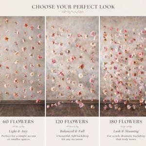 Puede incluir: Una tabla comparativa titulada CHOOSE YOUR PERFECT LOOK que muestra tres fondos florales. La izquierda muestra 60 flores, el centro 120 flores y la derecha 180 flores. Cada secci&oacute;n presenta flores rosas y blancas colgadas de hilos.