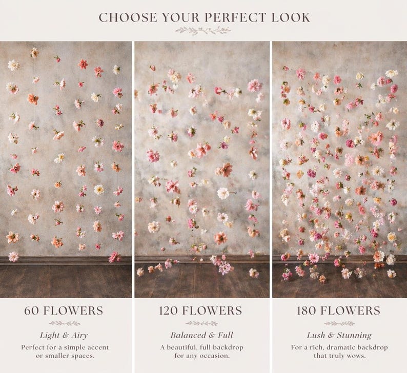 Puede incluir: Una tabla comparativa titulada CHOOSE YOUR PERFECT LOOK que muestra tres fondos florales. La izquierda muestra 60 flores, el centro 120 flores y la derecha 180 flores. Cada secci&oacute;n presenta flores rosas y blancas colgadas de hilos.