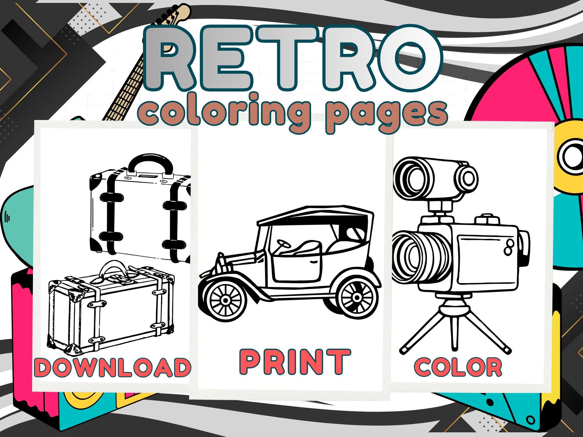 30 Retro Coloring Pages Bundle: Printable, Instant Download, All Ages ...
