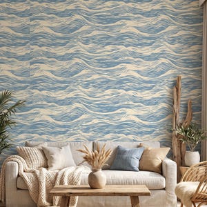 May include: A light blue and cream wallpaper featuring a repeating pattern of stylized, flowing ocean waves. The design consists of horizontal, undulating lines that create a sense of movement across the wall surface in a continuous graphic print.