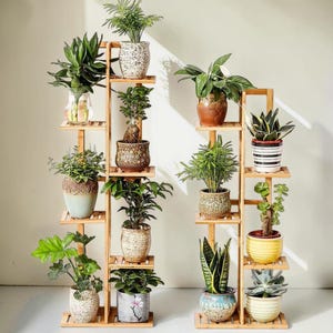 Estantería de bambú de 5 y 6 niveles para plantas, soporte para plantas, estante estrecho de interior para macetas y flores.