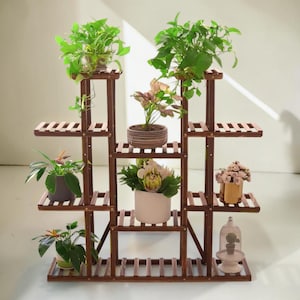Soporte grande de madera para 9 macetas, varios niveles, para interiores y exteriores, estante de madera maciza de pino para macetas, ideal para sala de estar y balcón.