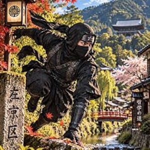 May include: A ninja dressed in a black hooded suit with a face mask, crouching on a stone pillar. The suit features textured fabric and arm guards. The scene includes a stone marker with Japanese text, a lantern, and a background of trees.