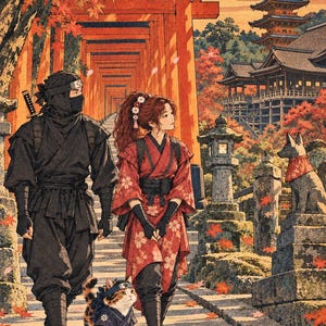 May include: An illustration of a ninja in black attire and a person in a red floral kimono walking along a stone path lined with orange torii gates and maple trees. A calico cat wearing a blue ninja outfit walks beside them near a stone lantern.