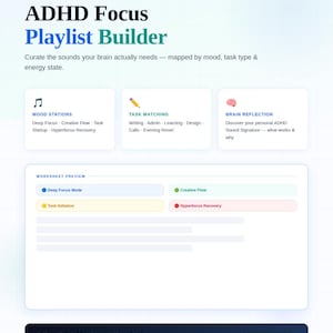 Puede incluir: Una hoja de trabajo digital titulada "ADHD Focus Playlist Builder" con un diseño azul y blanco. La hoja de trabajo incluye secciones para estaciones de estado de ánimo, coincidencia de tareas y reflexión cerebral. Es una descarga instantánea imprimible de 2 páginas.
