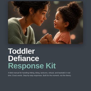 Peut inclure: Une couverture bleu foncé avec le titre "Toddler Defiance Response Kit" en blanc et turquoise. L'image présente une mère et un enfant se regardant. Le texte indique "Un manuel de terrain pour gérer les coups, les morsures, les crises de colère, le refus et les répliques en temps réel."