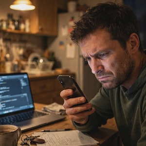 May include: A person with short dark hair wearing a green hooded sweatshirt looking at a black smartphone. A laptop displaying lines of computer code sits on a wooden table next to a ceramic mug, a pen, and a set of keys.