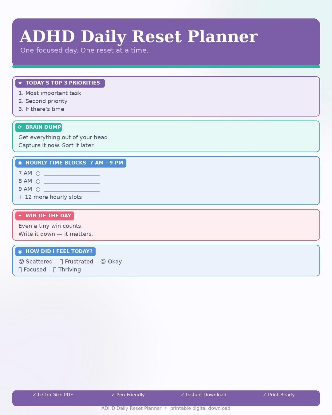 ADHD Daily Reset Planner Printable | Morning and Evening Routine ...