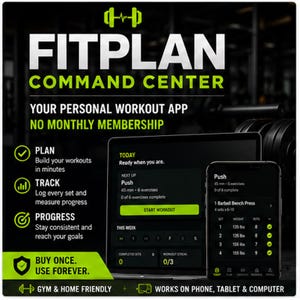 May include: A digital interface for the Fitplan Command Center workout app displayed on a laptop and smartphone. The screen shows workout tracking features, including plan, track, and progress modules, with text stating no monthly membership.