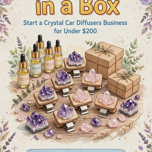 Puede incluir: Un kit Business in a Box para difusores de coche de cristal con frascos cuentagotas, cristales de amatista y cuarzo rosa en clips de madera y dos cajas de regalo. El texto incluye Blends, Assembly, Gift Boxes y Materials Checklist.