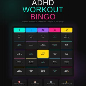 May include: Digital ADHD Workout Bingo card. The design features exercise prompts such as squats and jumping jacks. The text includes "Print, Play, Move, Repeat" and "Instant Digital Download."