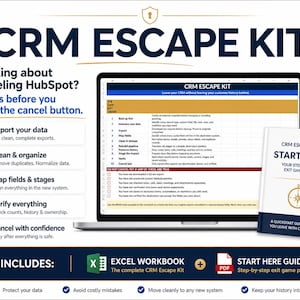 Może przedstawiać: Cyfrowy zestaw CRM Escape Kit z ekranem laptopa pokazującym listę kontrolną eksportu danych, przewodnikiem PDF zatytułowanym Start Here oraz paskiem podsumowującym zawierającym skoroszyt programu Excel i przewodnik PDF do zarządzania systemami.