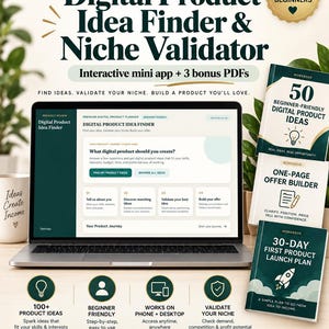 May include: A digital product toolkit featuring a laptop displaying a Digital Product Idea Finder app, three printed workbooks titled 50 Beginner-Friendly Digital Product Ideas, One-Page Offer Builder, and 30-Day First Product Launch Plan.