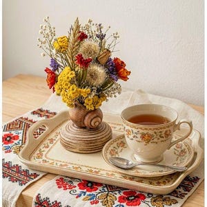 Op de afbeelding: Een stilleven met een bloemstuk in een slakvormige vaas, een kop en schotel en een decoratief dienblad. De dienblad en kopjes set hebben een bloemenpatroon. De tafelloper heeft een rood, wit en zwart geborduurd ontwerp.