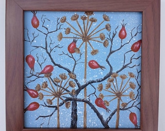 Umbelíferas secas — Pintura original em acrílico com moldura de madeira