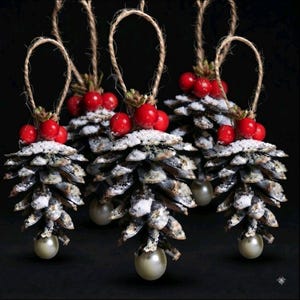 Peut inclure: Un ensemble de cinq décorations suspendues composées de pommes de pin naturelles saupoudrées d'une texture blanche évoquant la neige. Chaque pièce présente des baies rouges vives au sommet, une perle crème à la base et une boucle en jute.