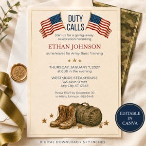 May include: A 5x7 inch invitation card for a going-away celebration for Ethan Johnson. The card features two American flags, the text DUTY CALLS, and illustrations of military boots and a duffel bag, with gold stars on a cream background.