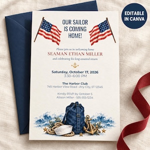 Navy Welcome Home Invitation, Military Homecoming Party Invite, Deployment Return, Editable Canva Template, Printable 5x7
