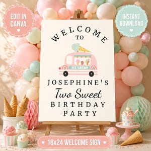 Welcome Ice Cream Party, 2nd Birthday Girl, Editable Canva Sign, Pastel Bubble Backdrop