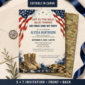 May include: A 5x7 invitation card for an Air Force send-off party featuring American flags, military boots, and camouflage patterns. The text reads: Off to the Wild Blue Yonder, Air Force Send-off Party, Alyssa Martinson, September 21, 2026, 6:00 PM.