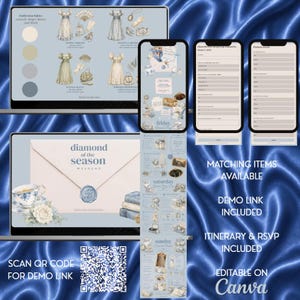May include: A digital event planning template set featuring a laptop screen, two mobile phone screens, and a vertical itinerary display. The graphics include illustrations of dresses, tea sets, and books with the text Diamond of the Season Weekend.