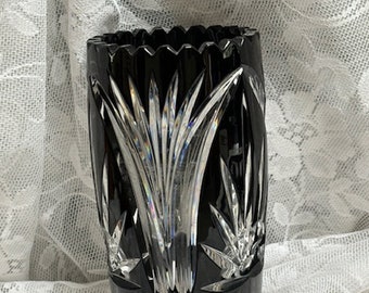 Black and Clear Cut Glass Tall Vase Fan Design Saw tooth Rim