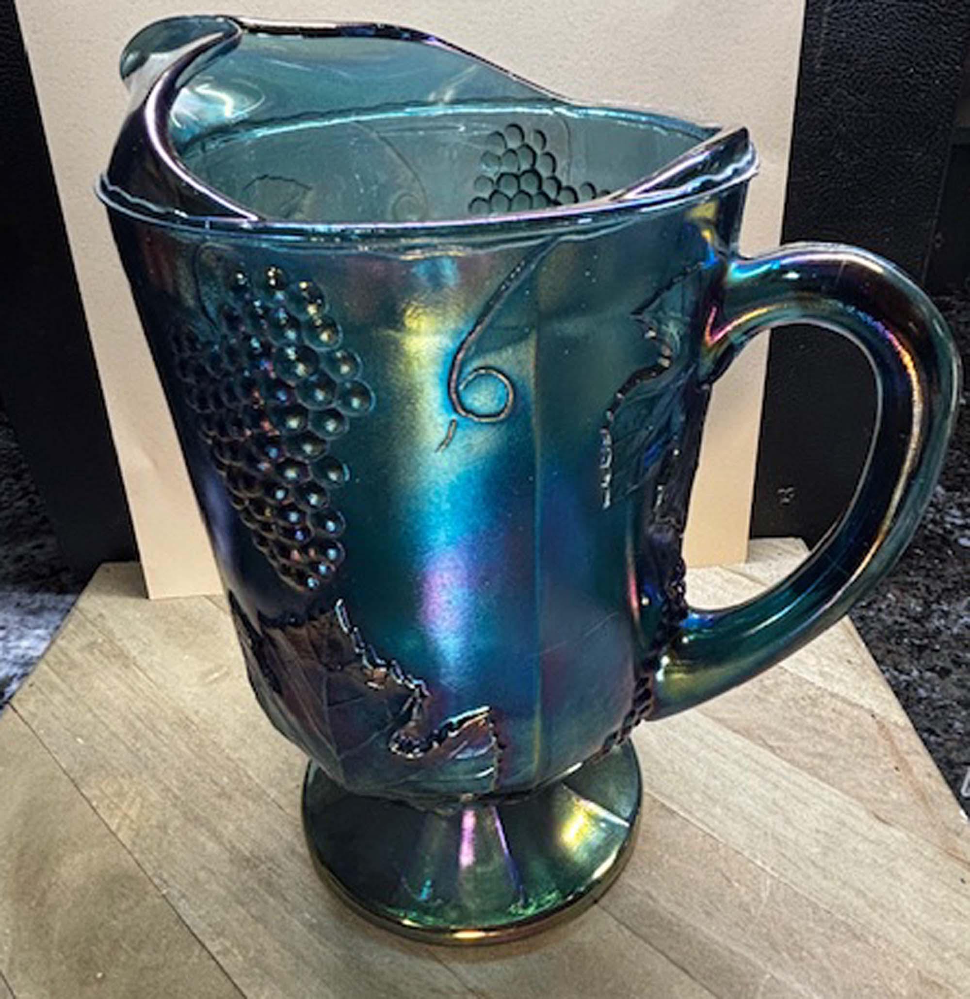 Vintage Indiana Harvest Blue Carnival Glass Pitcher Retro Design