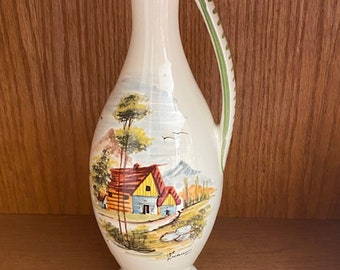 Italian Pottery Pitcher Hand Painted Farm House Image Signed Made in Italy