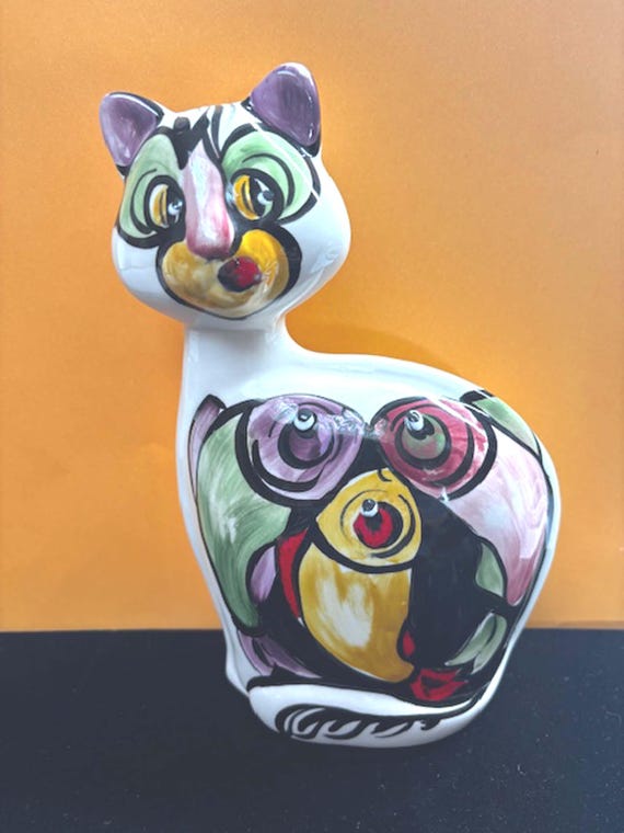 Vintage Turov Art Ceramics Colorful Abstract Cat Sculpture Signed