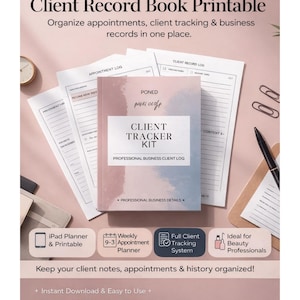 Pode incluir: Um livro imprimível de registro de clientes com o texto "Client Tracker Kit" na capa. A imagem inclui registros de compromissos, uma caneta, clipes de papel e ícones para o planejador de iPad, planejador de compromissos semanais e sistema completo de rastreamento de clientes.