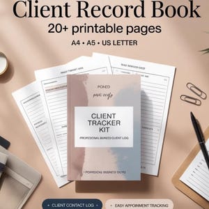 Pode incluir: Um Client Record Book com o texto "Client Tracker Kit" e "Professional Business Client Log". O livro é cercado por páginas soltas, uma caneta e clipes de papel. A imagem também inclui o texto "Download digital instantâneo" e "20+ páginas para impressão."