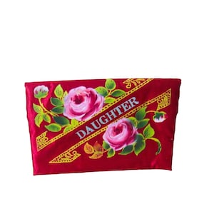 Long Beach Souvenir Lingerie/Hose/Jewelry Bag For Daughter From Mom; Burgundy Satin with Pink Roses