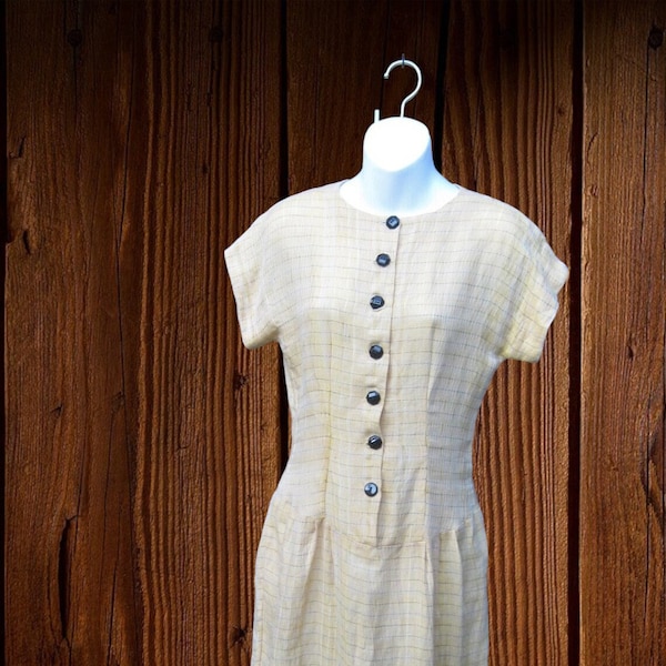 Yellow Windowpane Check Dropwaist Dress; Cotton Blend 1960s Below-Knee; Flaws