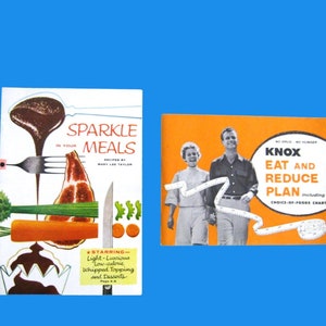 2 Folletos de recetas y dietas de MCM: Productos para mascotas &quot;Sparkle Meals&quot; + &quot;Eat & Reduce Plan&quot; de Knox; ilustraciones y gráficos