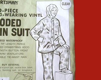 Vintage Hooded Vinyl Rain Suit, Sportsman Size L, 1970s-80s