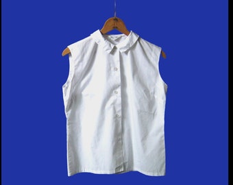 Classic Midcentury Style White Sleeveless Cotton Button-Up With Small Collar, Size 3-4/XS Vintage Schoolgirl Casual Blouse