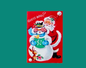 Indovina chi? Biglietto di auguri natalizio vintage inutilizzato; auguri di metà secolo con Babbo Natale/pupazzo di neve