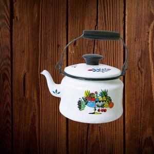 Enamelware Tea Kettle By Berggren Sweden; Fruit Bowl Print With Lid/Handle; Cheery &#39;60s Kitchen