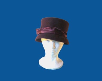 Dark Brown Felt Cloche/Bucket Hat With Chocolate Brown Ribbon; XS Extra Small