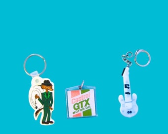 Figural & Novelty Key Fobs; Choose Coyote/High Roller Casino, Blue Guitar Shape Or GTX Motor Oil Retro Vintage Party Favors/Goodies