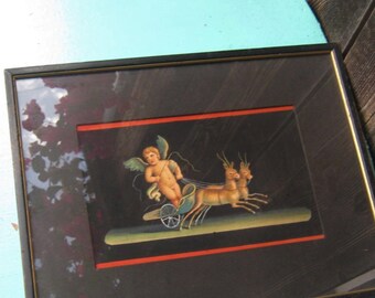 Erosprenten uit de jaren 1920; Cupido-drijfwagen + smeedharten; Zwarte lijsten; Art Deco