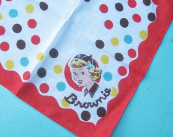 Vintage '50s Brownie Hankie, Red/Turquoise Circus Dot/Polka Dotted Cotton Scout Catalog Hankie; Retro Midcentury Girl Scout Gift