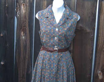 1950s Chocolate Brown Linen Wiggle Shirtdress with Mother of Pearl Carved Buttons and Jacket size Small Medium